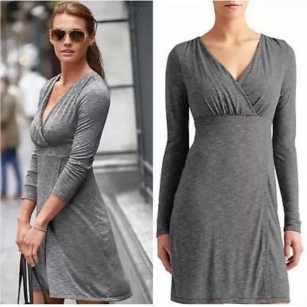 Athleta Wrap It Up Jersey MIDI Athleisure Dress Grey Long Sleeve Pullover Small